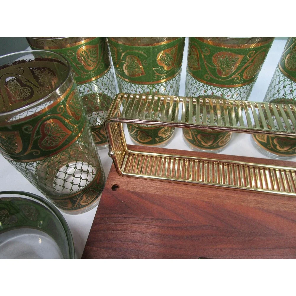 1960s Culver Highball Set, 8 Tumblers, 2 Bowls, Wood Tray, 22k Gold